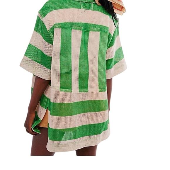 We The Free People Del Mar Cabana Shirt Green Tan Stripe NWOTs size large - Picture 3 of 13